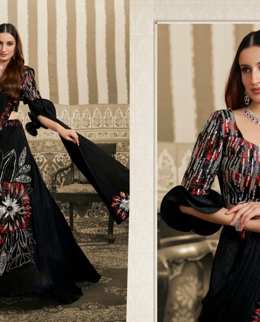 BLACK - Black Velvet Satin Embroidered Ready to Wear Lehenga Saree