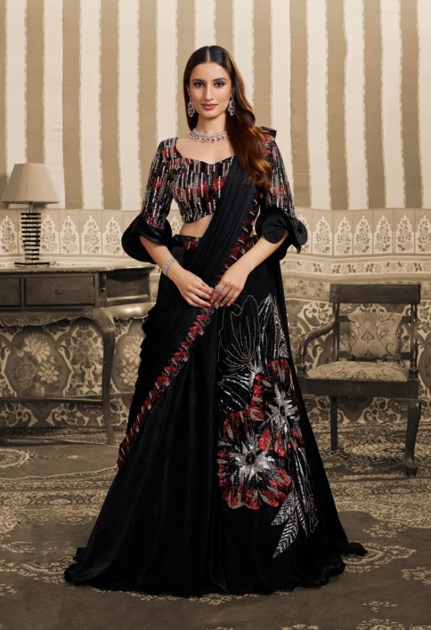 Black Velvet Satin Embroidered Ready to Wear Lehenga Saree