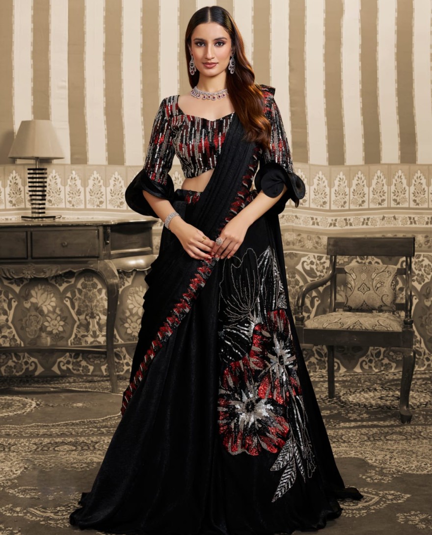 BLACK - Black Velvet Satin Embroidered Ready to Wear Lehenga Saree