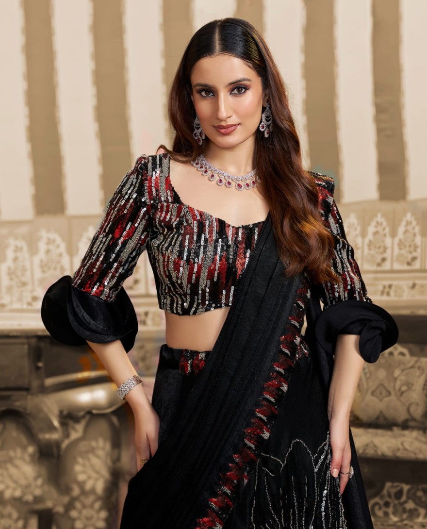 BLACK - Black Velvet Satin Embroidered Ready to Wear Lehenga Saree