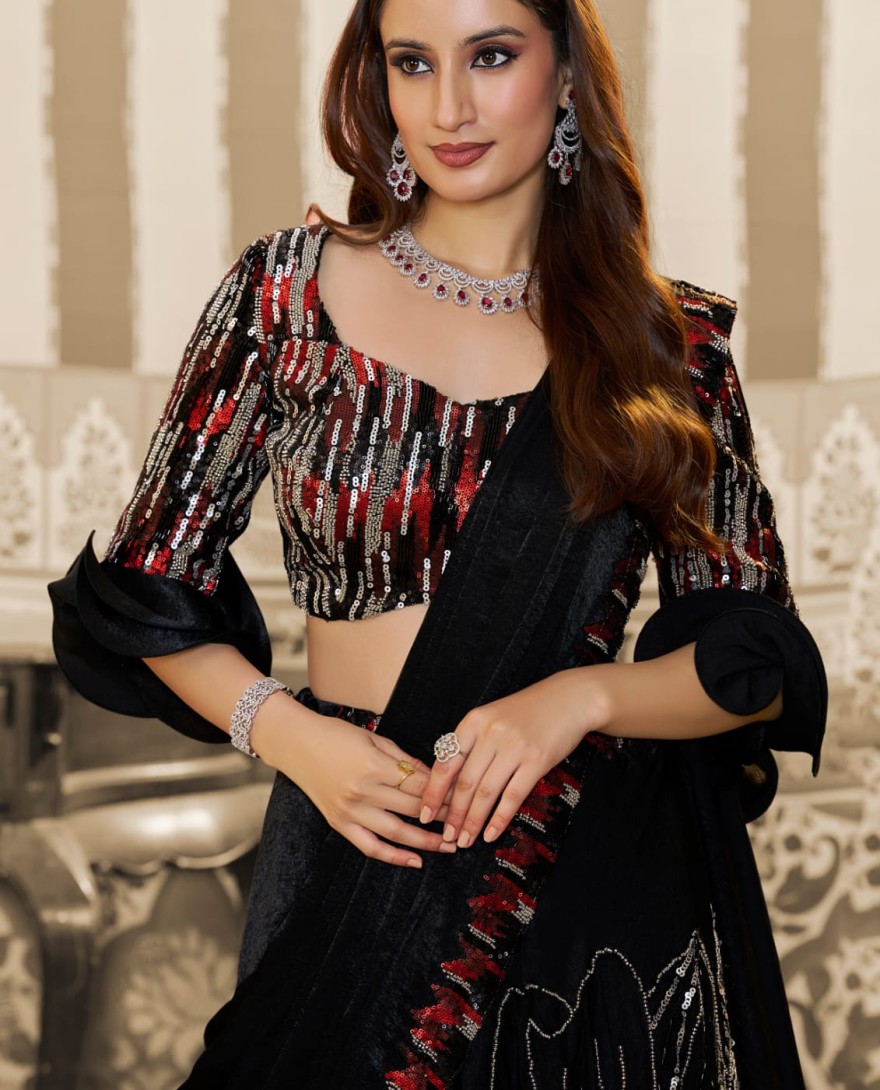 BLACK - Black Velvet Satin Embroidered Ready to Wear Lehenga Saree