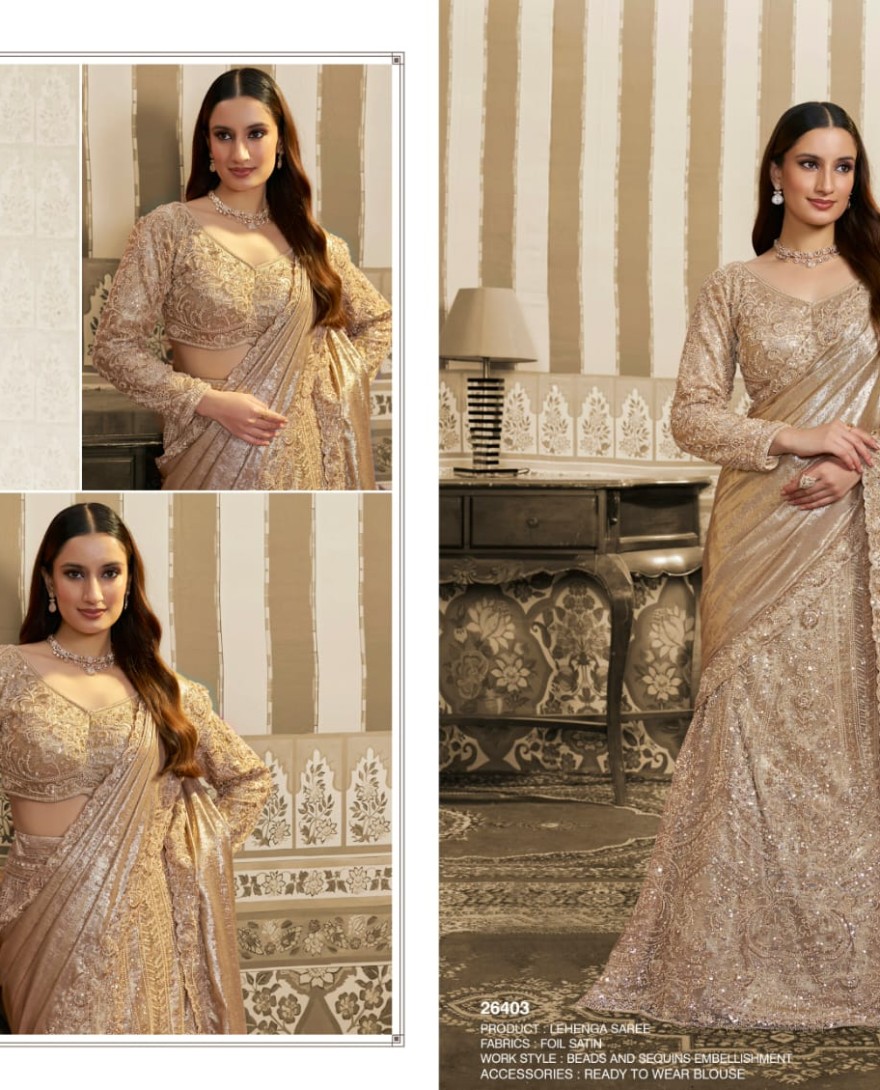 GOLDEN - Golden Foil Satin Embroidered Ready to Wear Lehenga Saree