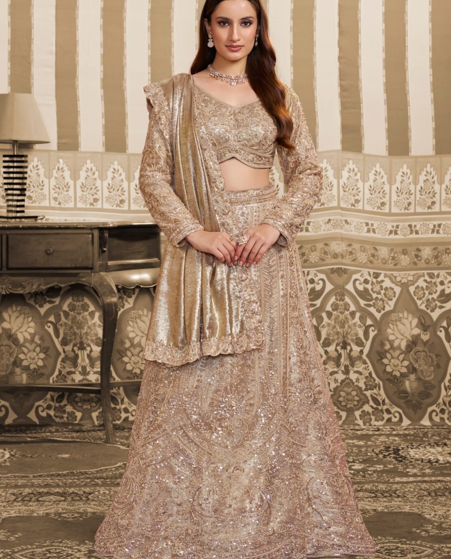 GOLDEN - Golden Foil Satin Embroidered Ready to Wear Lehenga Saree