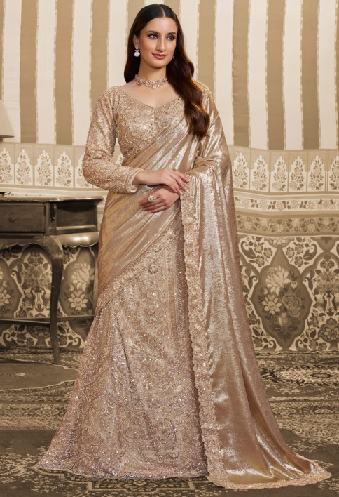 Golden Foil Satin Embroidered Ready to Wear Lehenga Saree