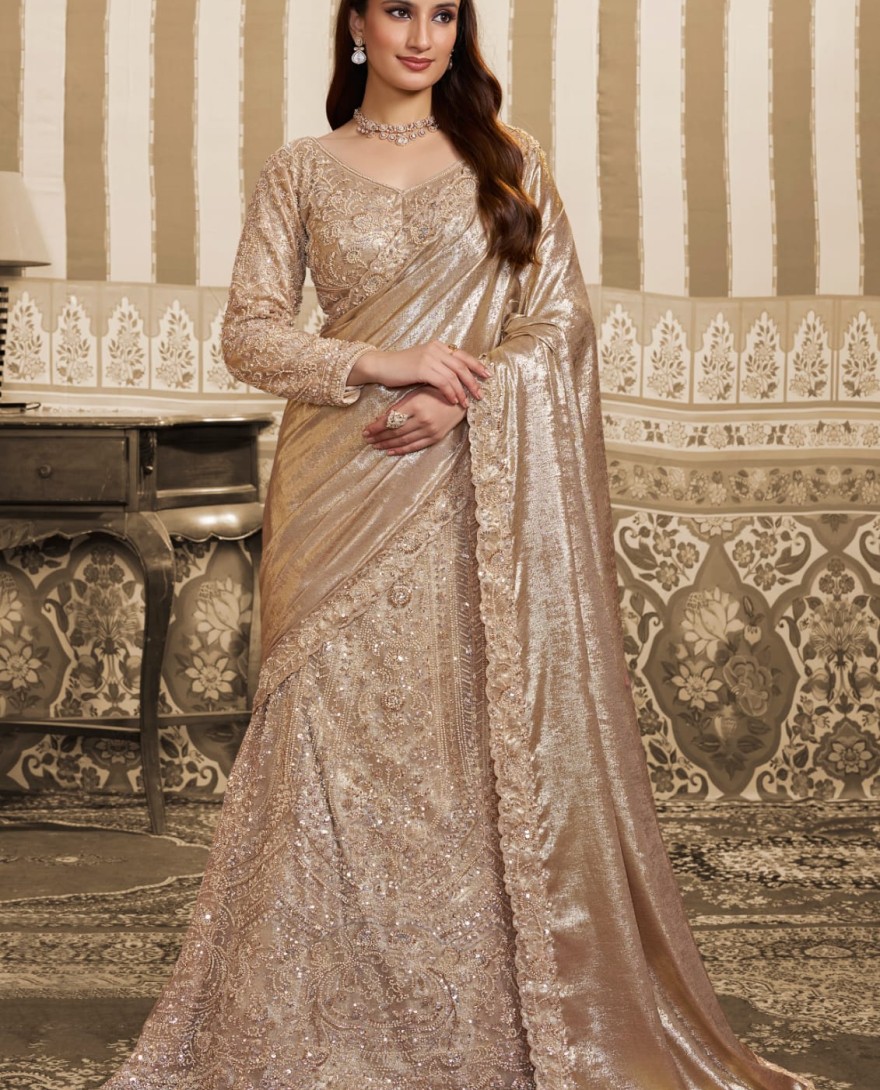 GOLDEN - Golden Foil Satin Embroidered Ready to Wear Lehenga Saree