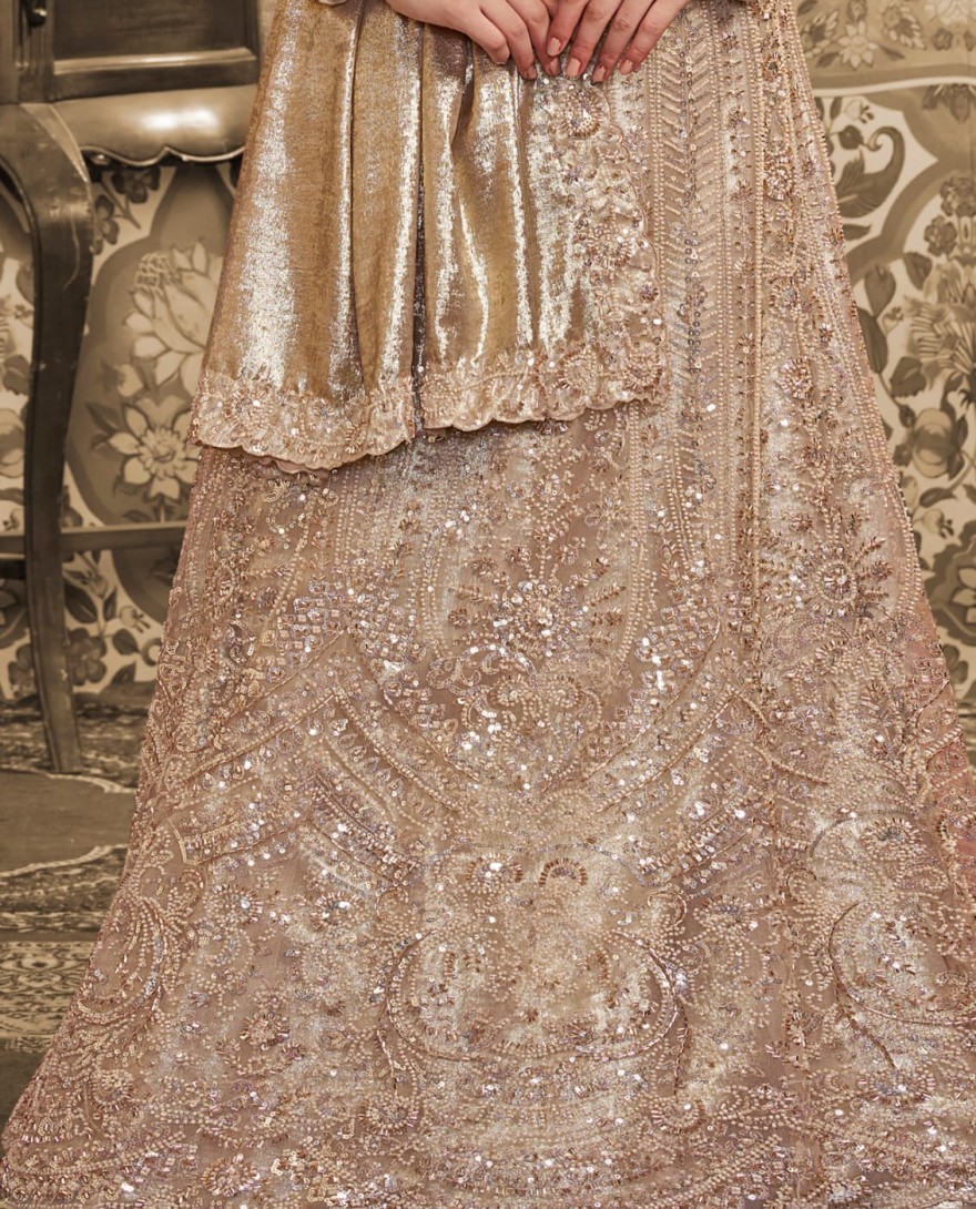 GOLDEN - Golden Foil Satin Embroidered Ready to Wear Lehenga Saree