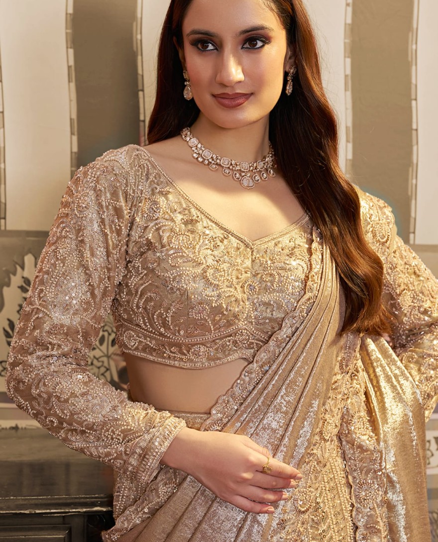 GOLDEN - Golden Foil Satin Embroidered Ready to Wear Lehenga Saree