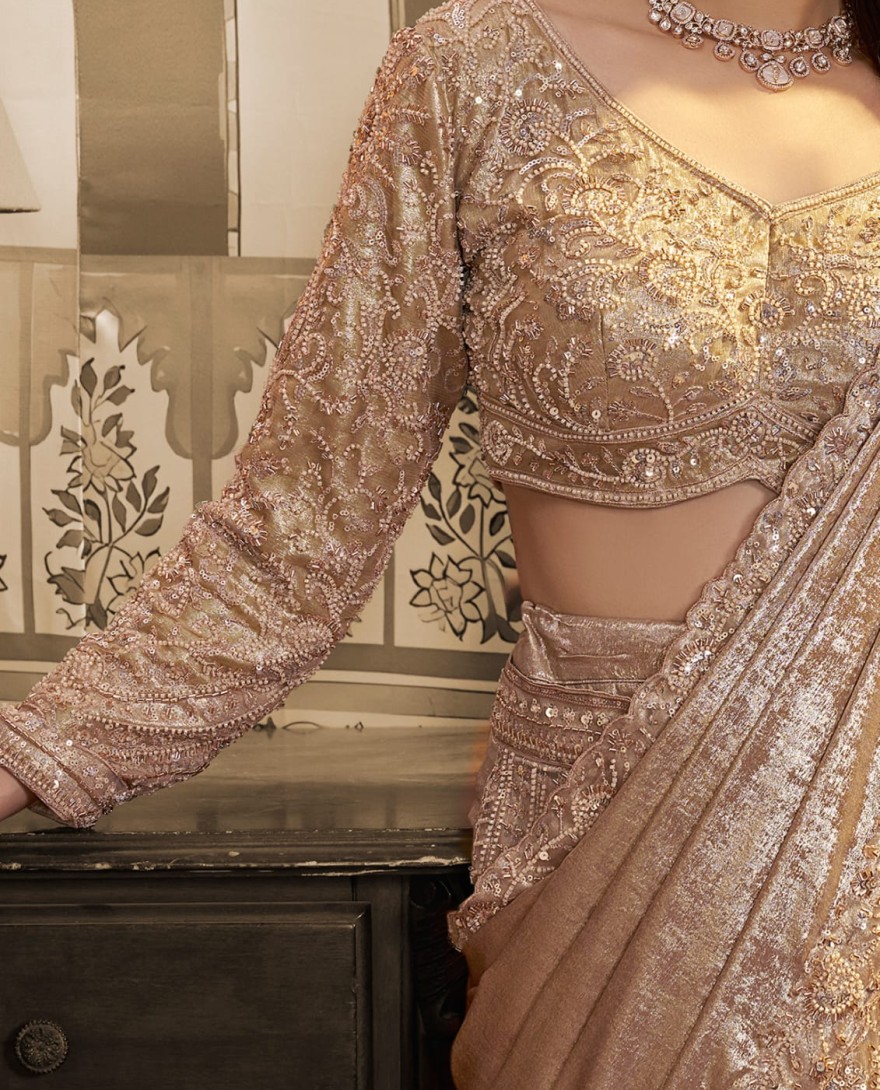 GOLDEN - Golden Foil Satin Embroidered Ready to Wear Lehenga Saree