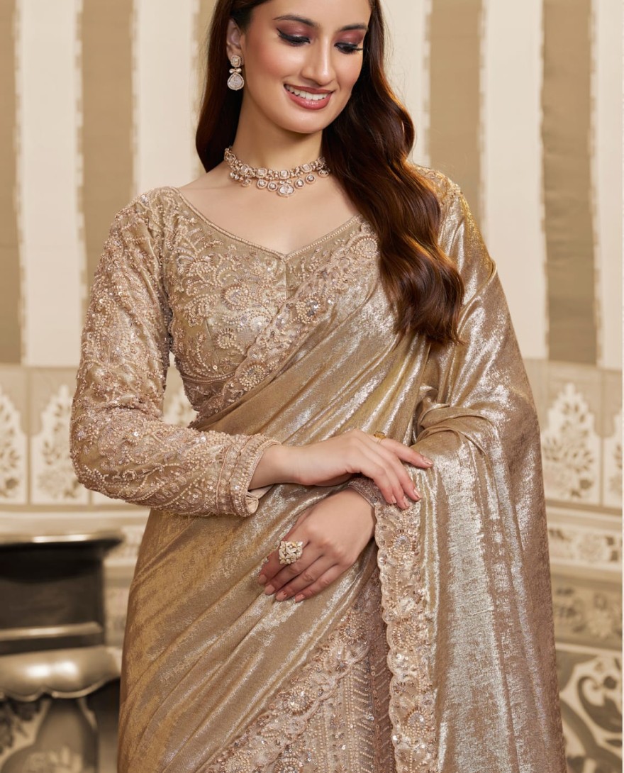 GOLDEN - Golden Foil Satin Embroidered Ready to Wear Lehenga Saree