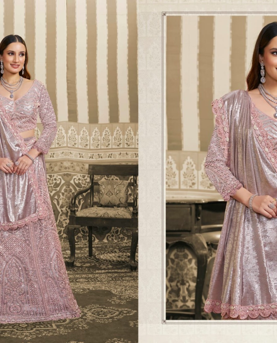 PINK - Blush Pink Foil Satin Embroidered Ready to Wear Lehenga Saree