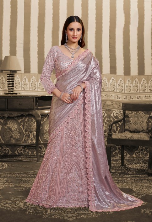 Blush Pink Foil Satin Embroidered Ready to Wear Lehenga Saree