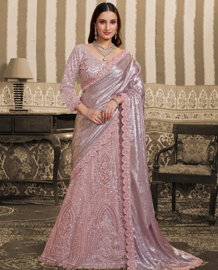PINK - Blush Pink Foil Satin Embroidered Ready to Wear Lehenga Saree