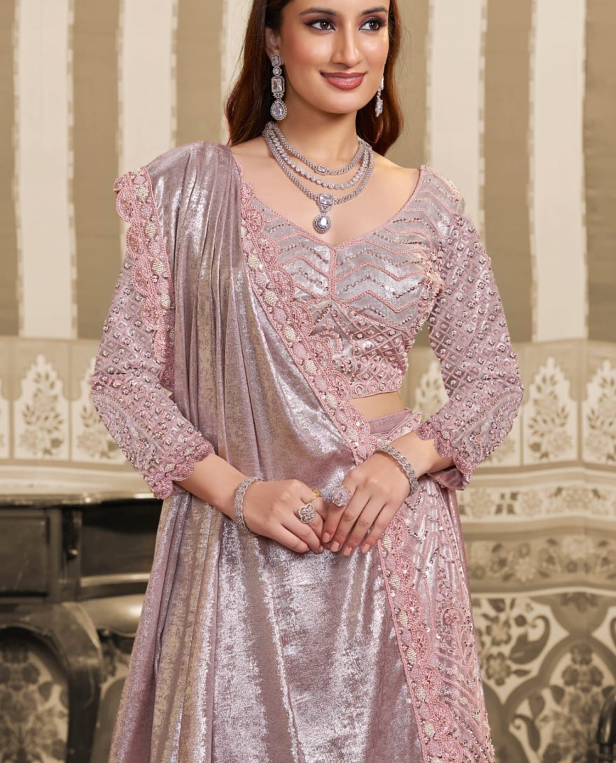PINK - Blush Pink Foil Satin Embroidered Ready to Wear Lehenga Saree