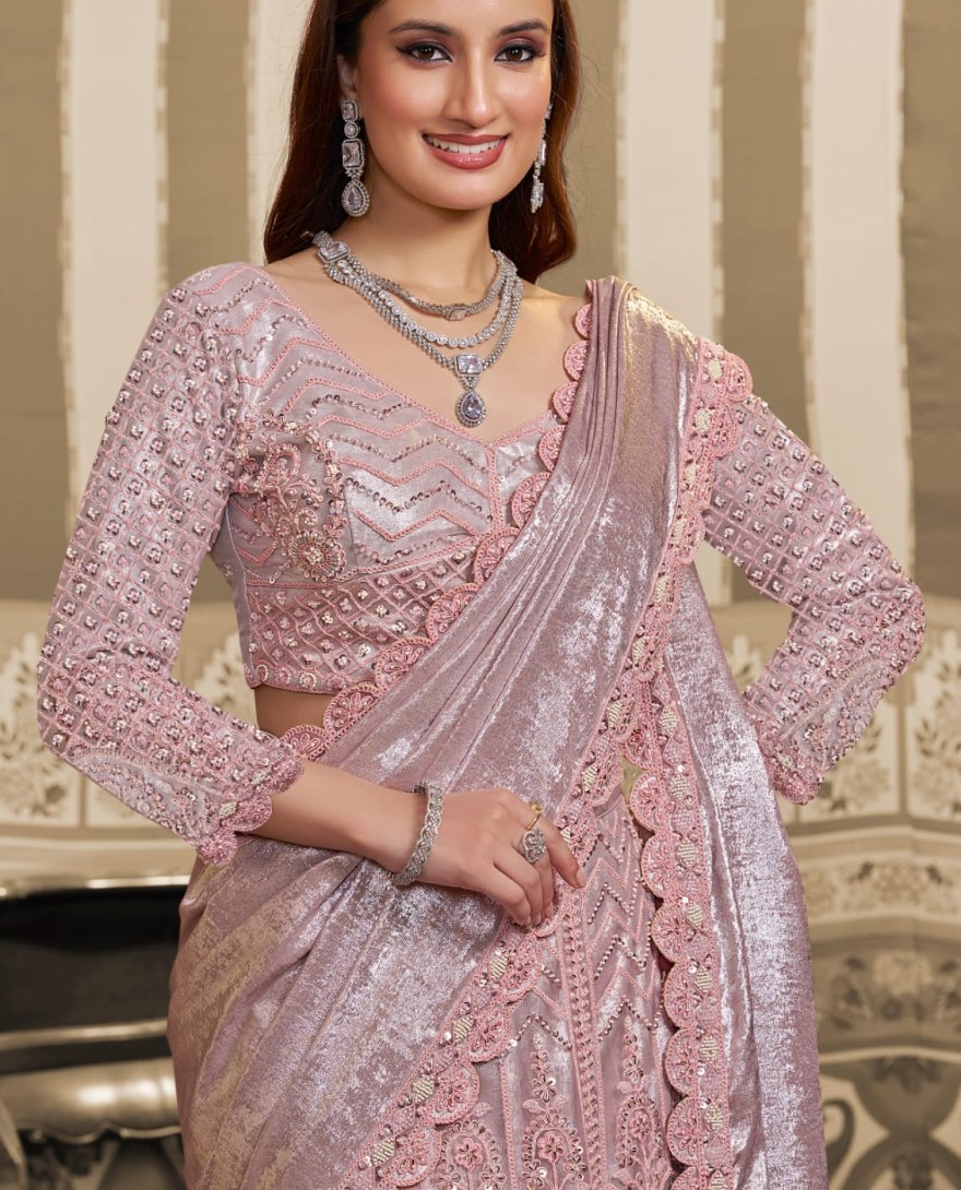 PINK - Blush Pink Foil Satin Embroidered Ready to Wear Lehenga Saree