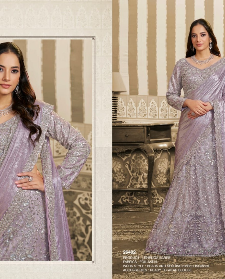 LAVENDER - Lavender Foil Satin Embroidered Ready to Wear Lehenga Saree