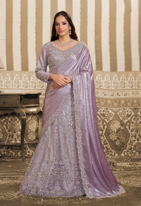 Lavender Foil Satin Embroidered Ready to Wear Lehenga Saree