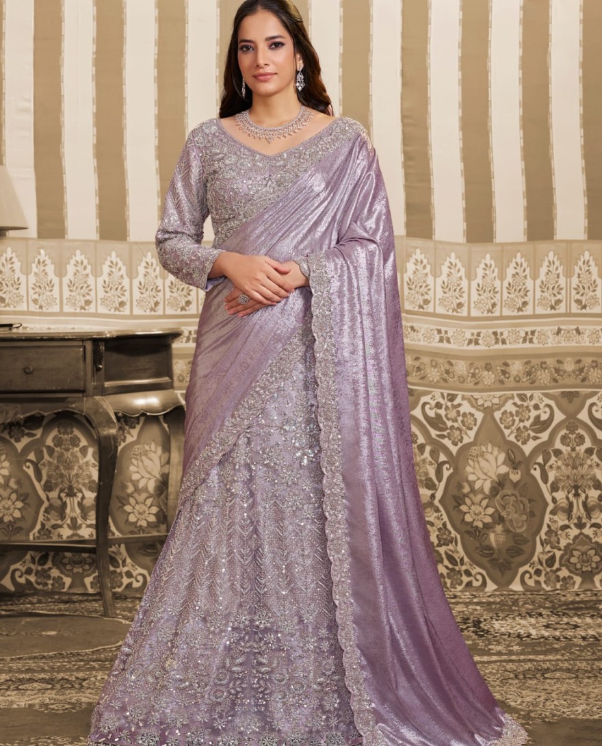 LAVENDER - Lavender Foil Satin Embroidered Ready to Wear Lehenga Saree