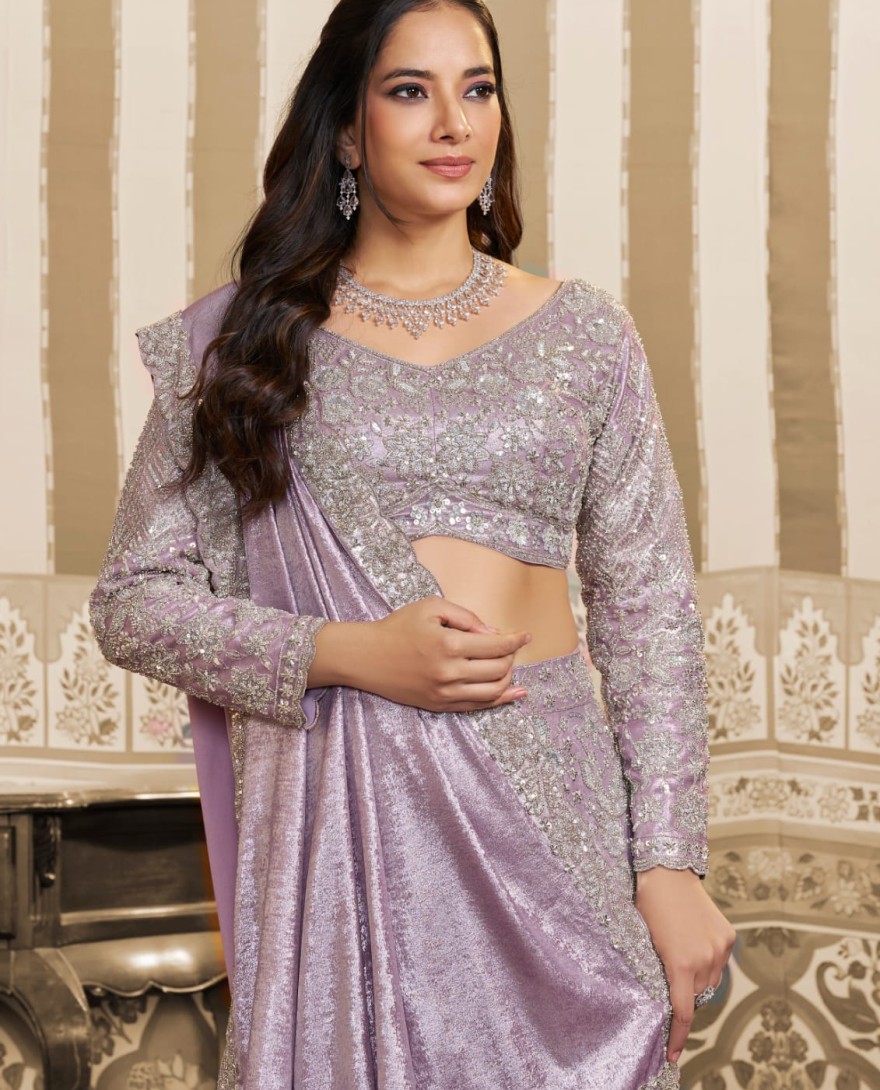LAVENDER - Lavender Foil Satin Embroidered Ready to Wear Lehenga Saree