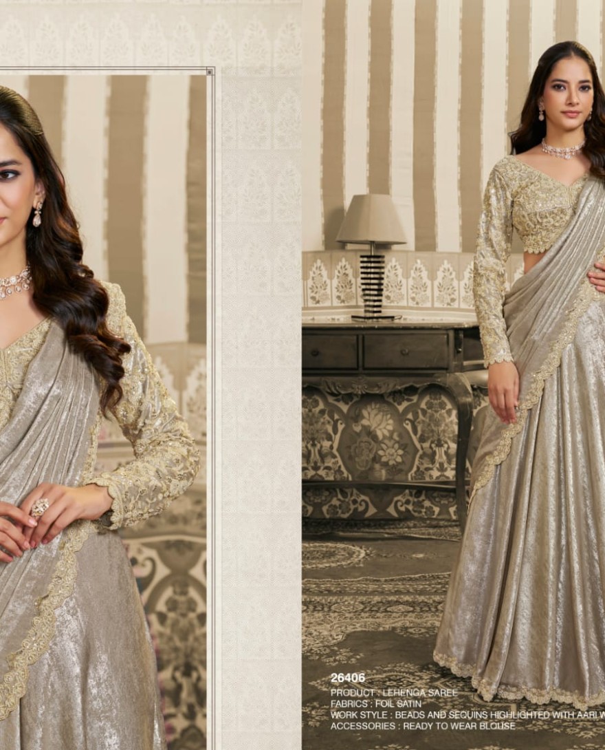 CREAM - Dusty Cream Foil Satin Embroidered Ready to Wear Lehenga Saree