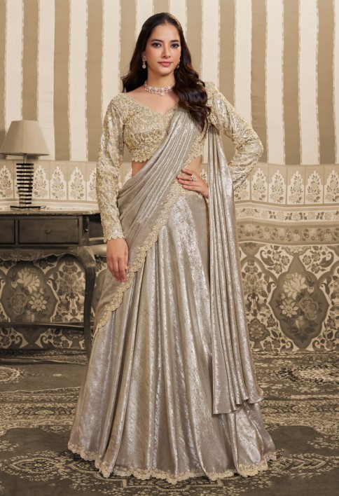 Dusty Cream Foil Satin Embroidered Ready to Wear Lehenga Saree