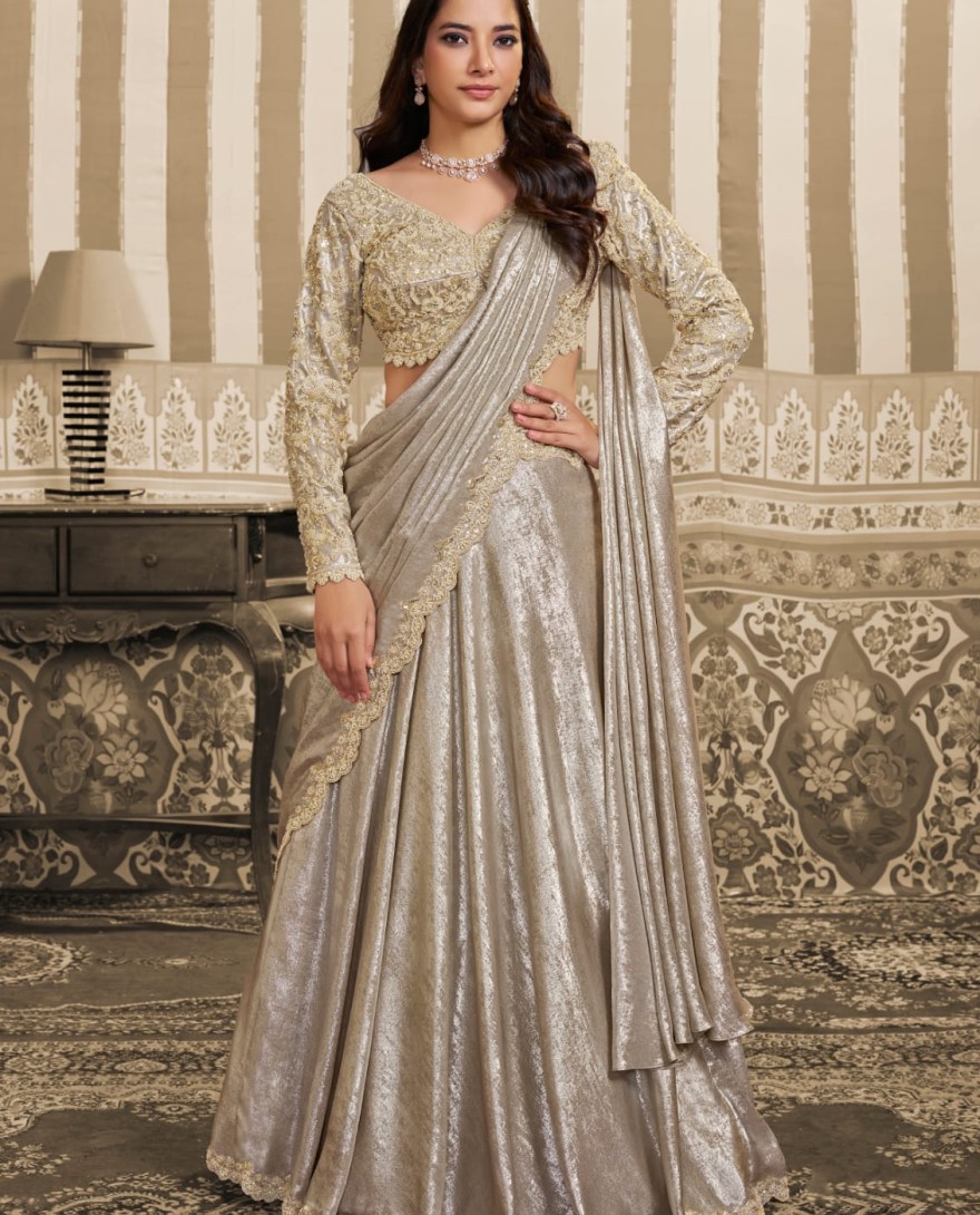 CREAM - Dusty Cream Foil Satin Embroidered Ready to Wear Lehenga Saree