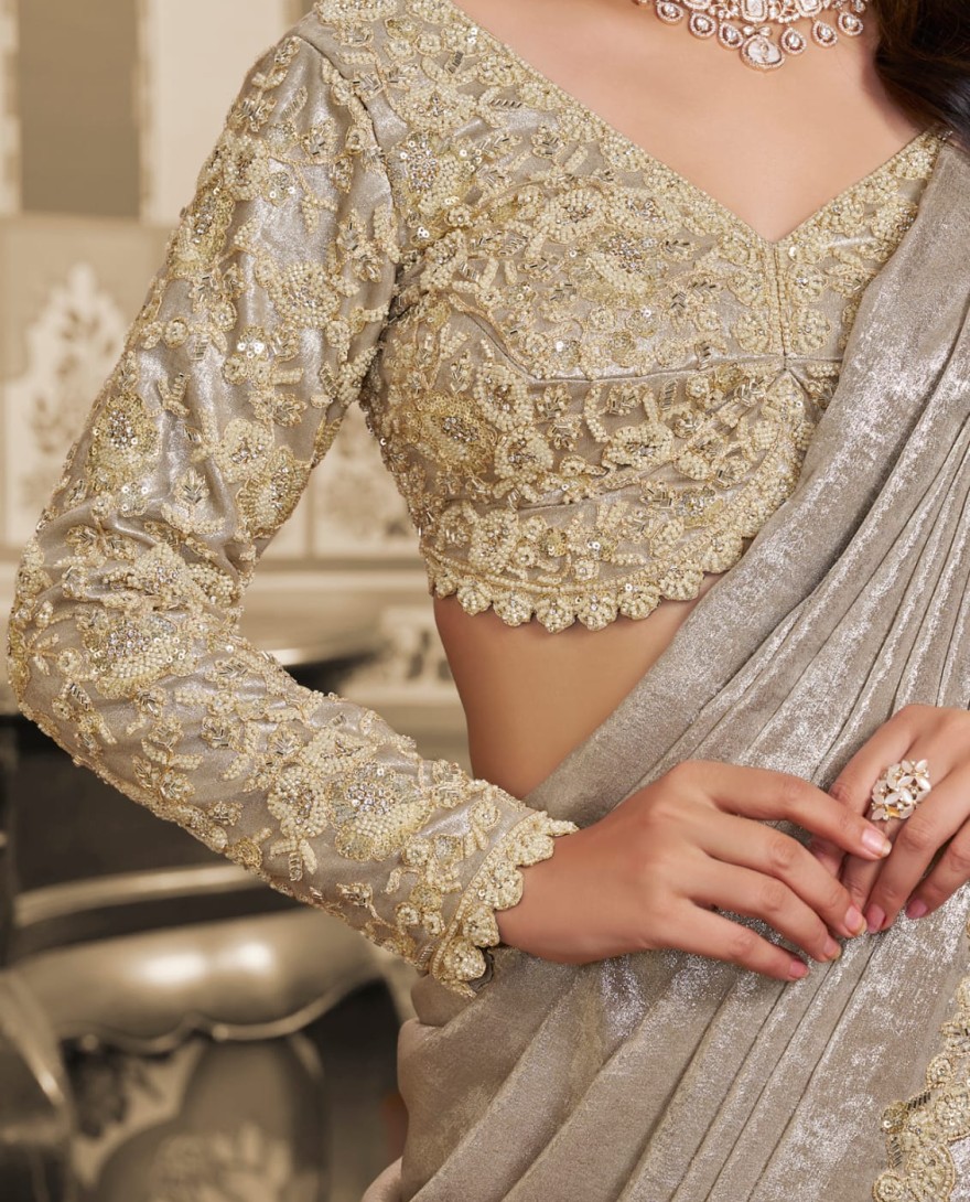 CREAM - Dusty Cream Foil Satin Embroidered Ready to Wear Lehenga Saree