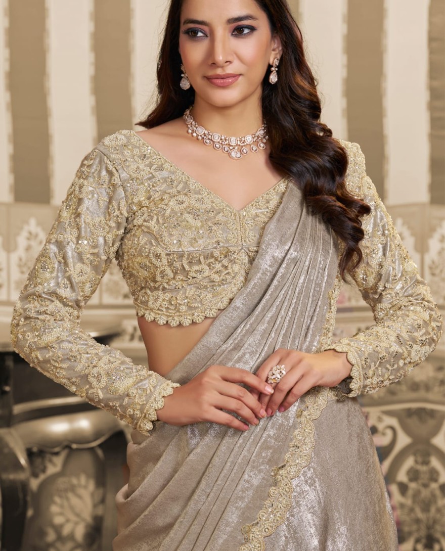 CREAM - Dusty Cream Foil Satin Embroidered Ready to Wear Lehenga Saree