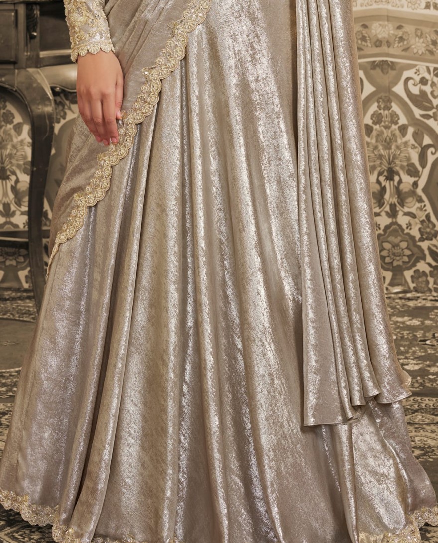 CREAM - Dusty Cream Foil Satin Embroidered Ready to Wear Lehenga Saree