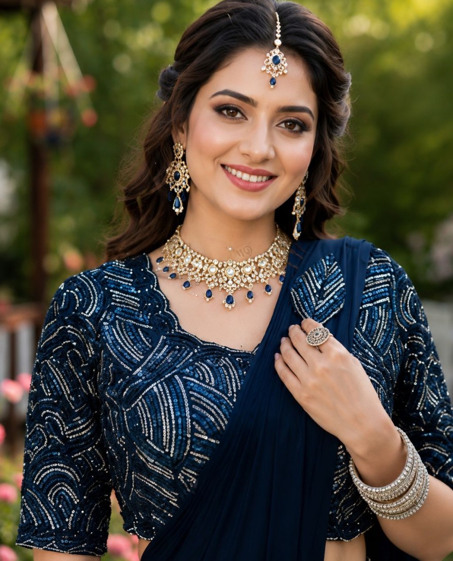 BLUE - Blue Lycra Contemporary Sari with Embroidered Work