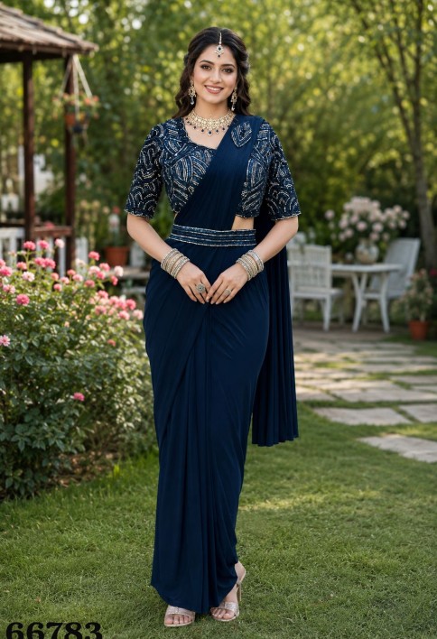 Blue Lycra Contemporary Sari with Embroidered Work