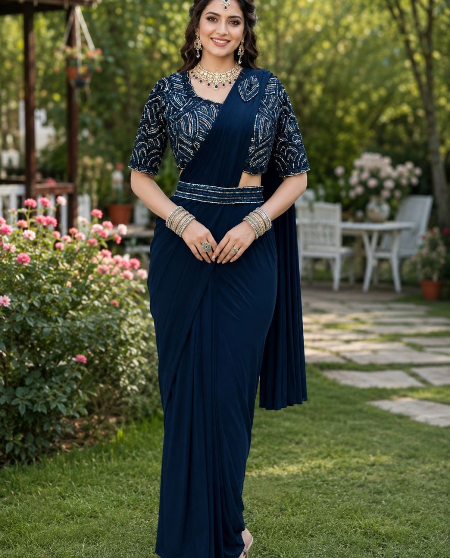 BLUE - Blue Lycra Contemporary Sari with Embroidered Work