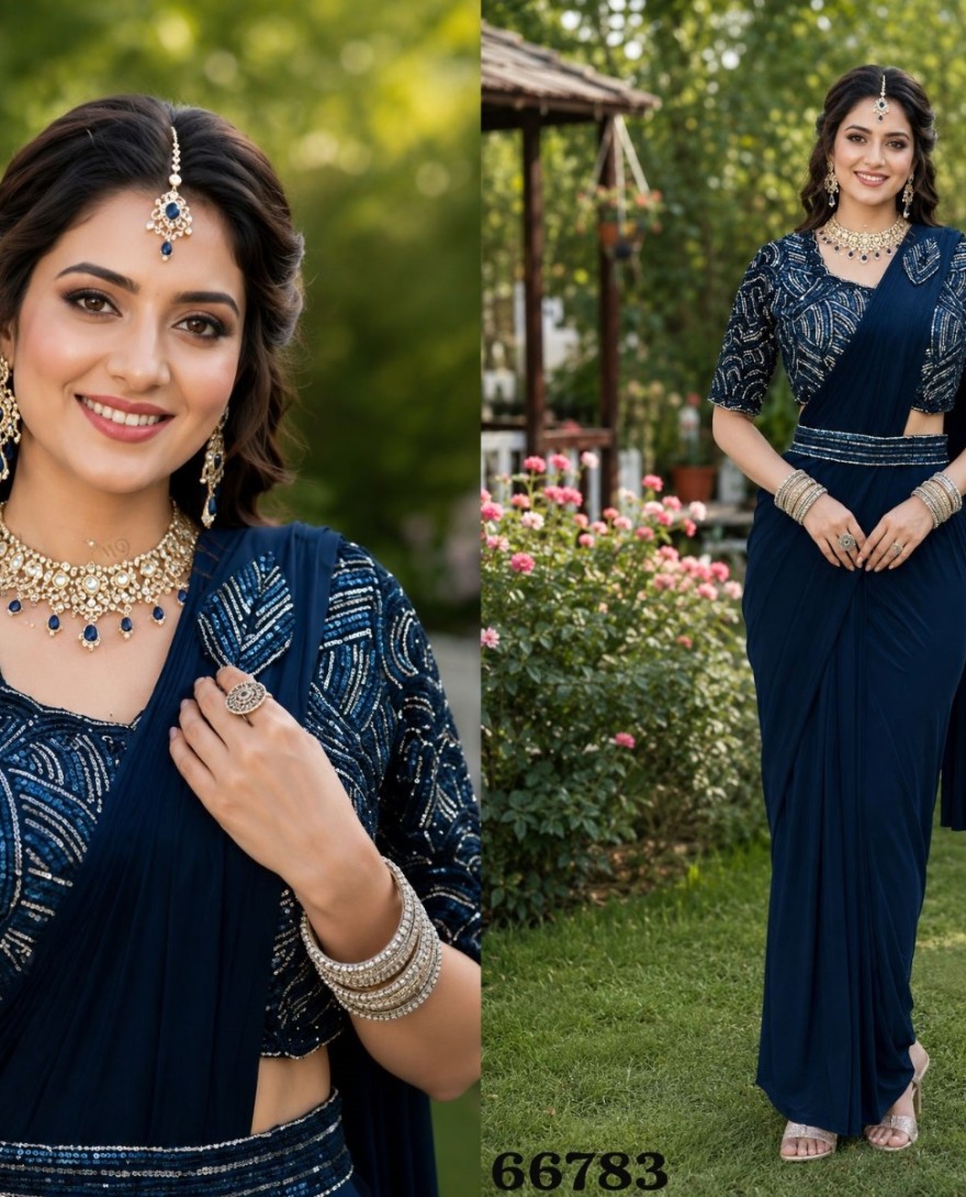 BLUE - Blue Lycra Contemporary Sari with Embroidered Work