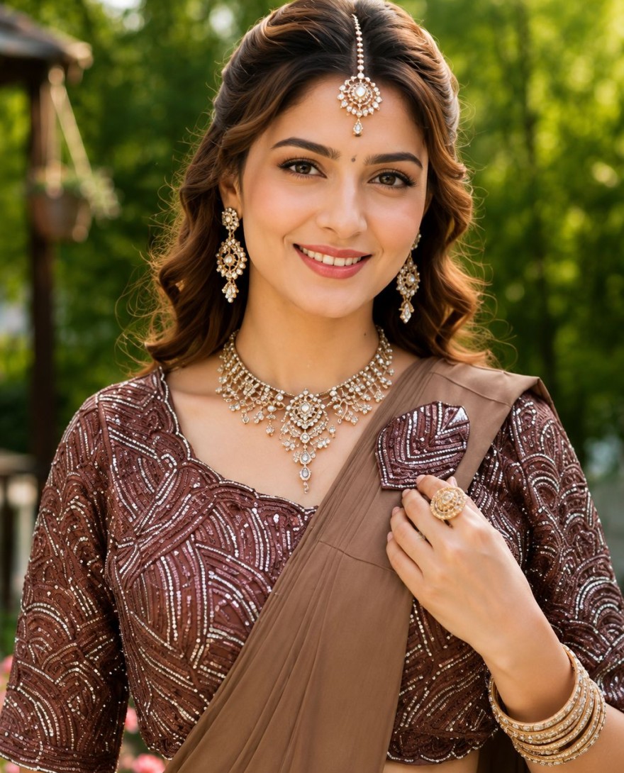 BROWN - Brown Lycra Embroidered Work Classic Sari
