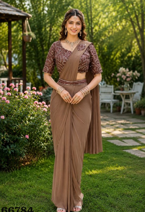 Brown Lycra Embroidered Work Classic Sari