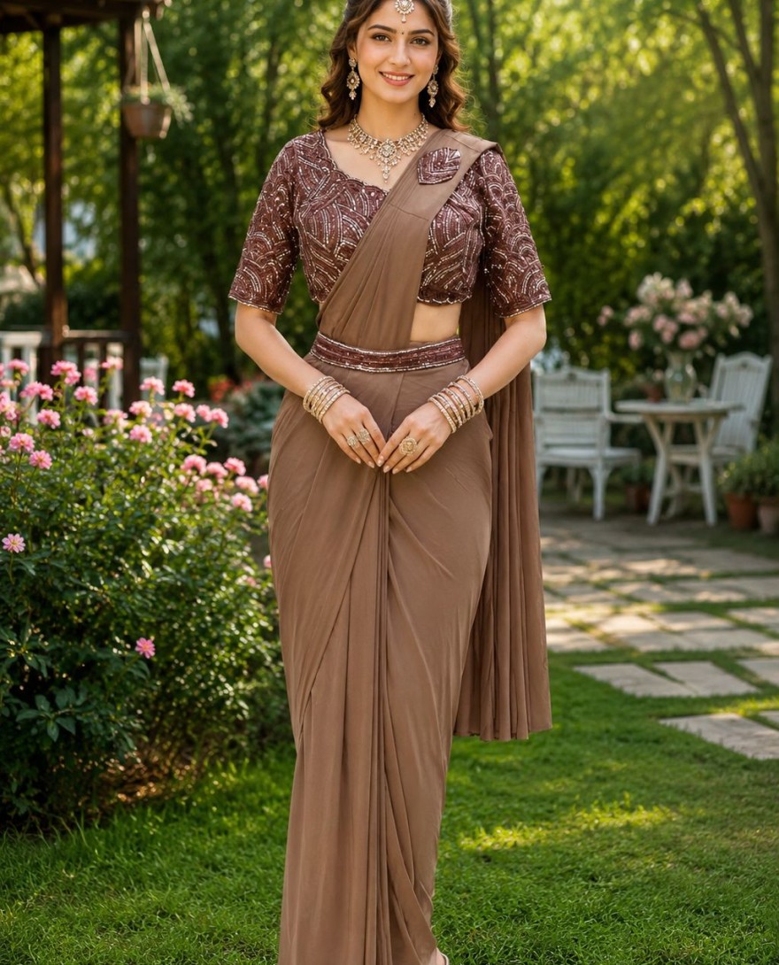 BROWN - Brown Lycra Embroidered Work Classic Sari
