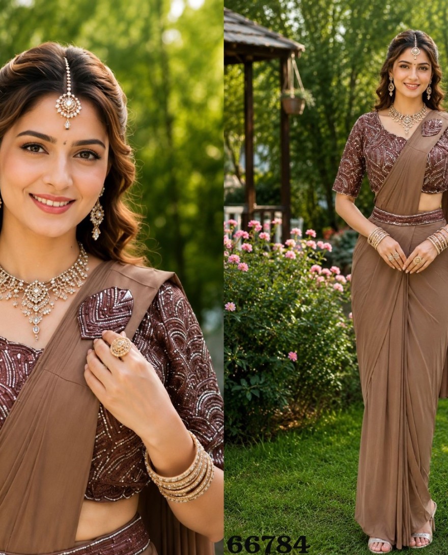 BROWN - Brown Lycra Embroidered Work Classic Sari