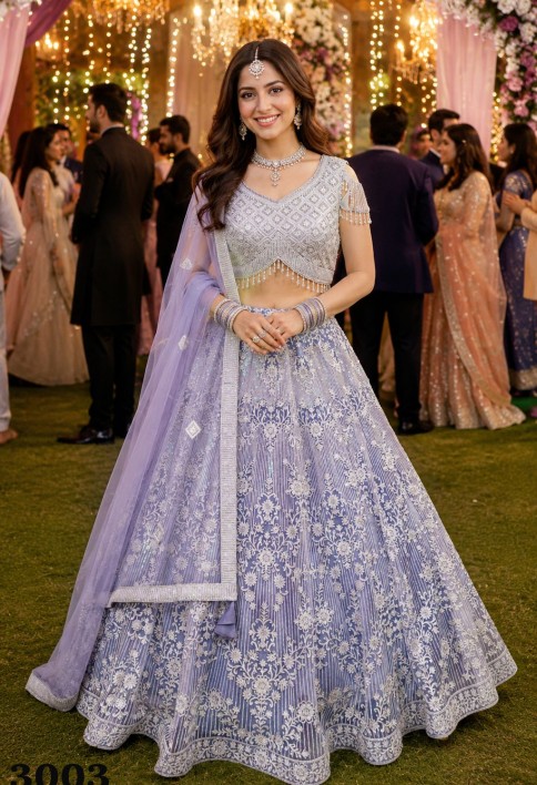 Embroidered and Thread Work Net Readymade Lehenga Choli In Lavender Colour