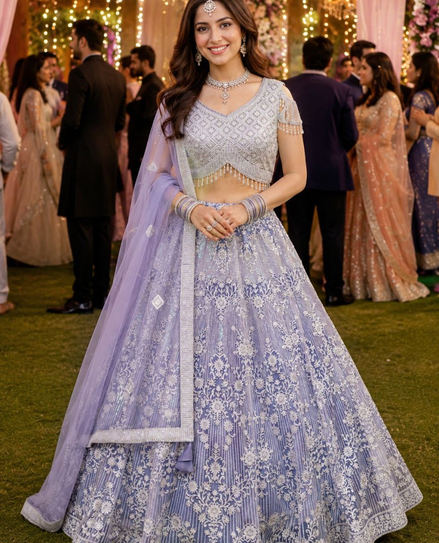 PURPLE - Embroidered and Thread Work Net Readymade Lehenga Choli In Lavender Colour