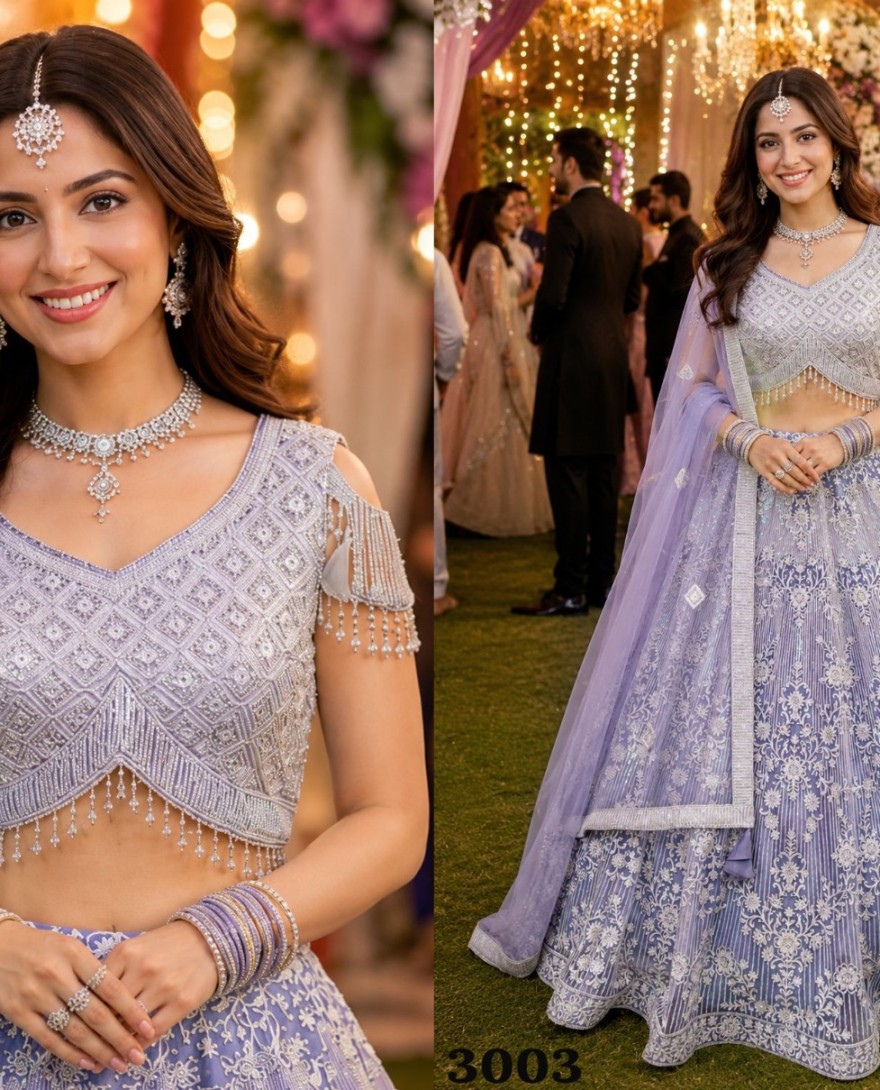 PURPLE - Embroidered and Thread Work Net Readymade Lehenga Choli In Lavender Colour