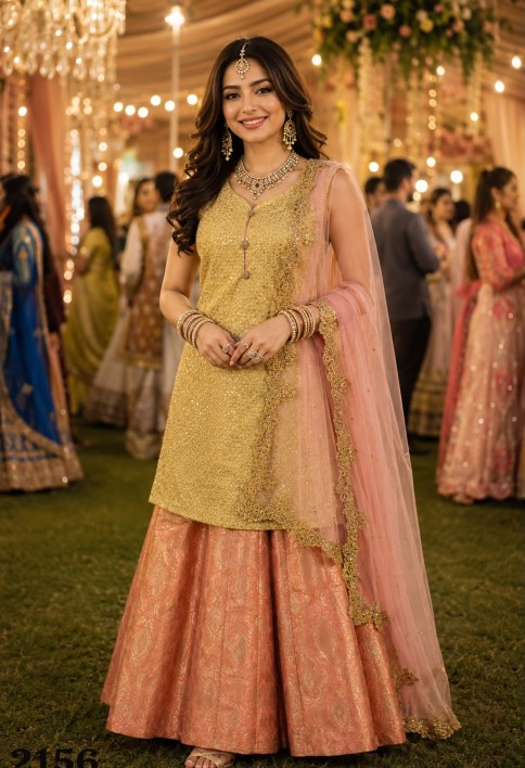 Gold and Peach Embroidered and Sequins Work Imported Readymade Lehenga Choli