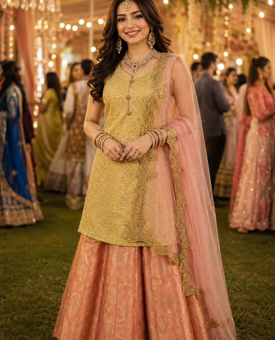 PEACH - Gold and Peach Embroidered and Sequins Work Imported Readymade Lehenga Choli