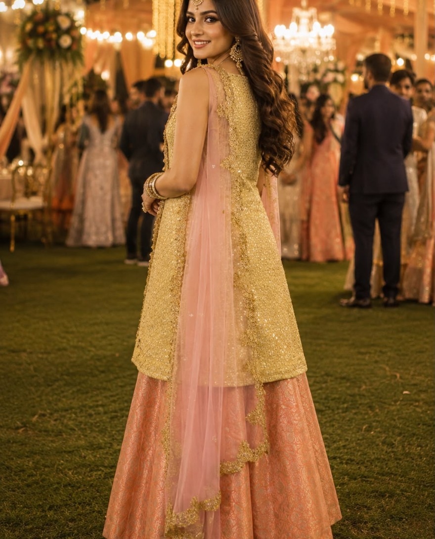 PEACH - Gold and Peach Embroidered and Sequins Work Imported Readymade Lehenga Choli