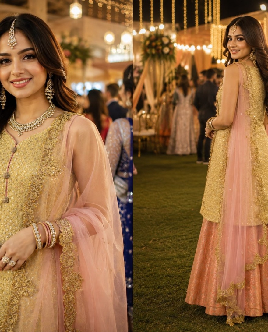 PEACH - Gold and Peach Embroidered and Sequins Work Imported Readymade Lehenga Choli