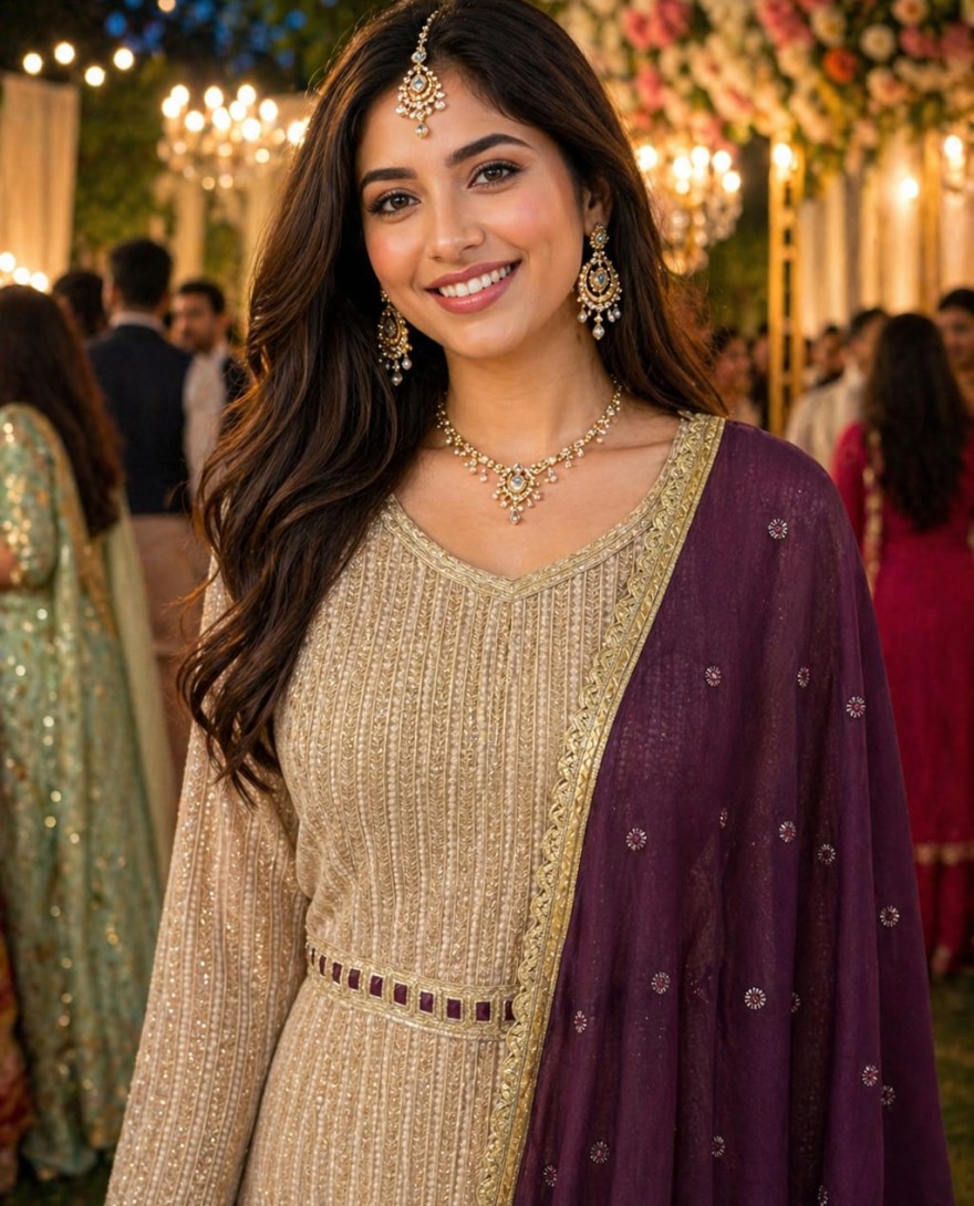 WHITE - Beige Georgette Chikankari and Embroidered Work Designer Gown