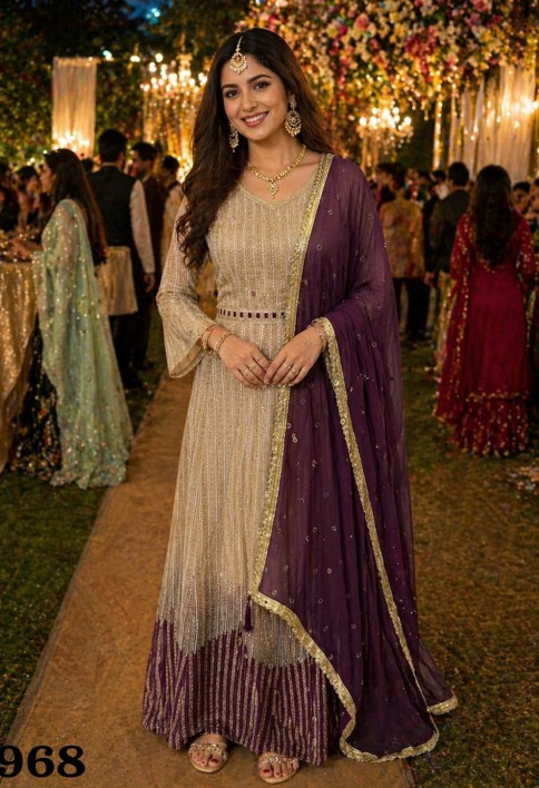 Beige Georgette Chikankari and Embroidered Work Designer Gown