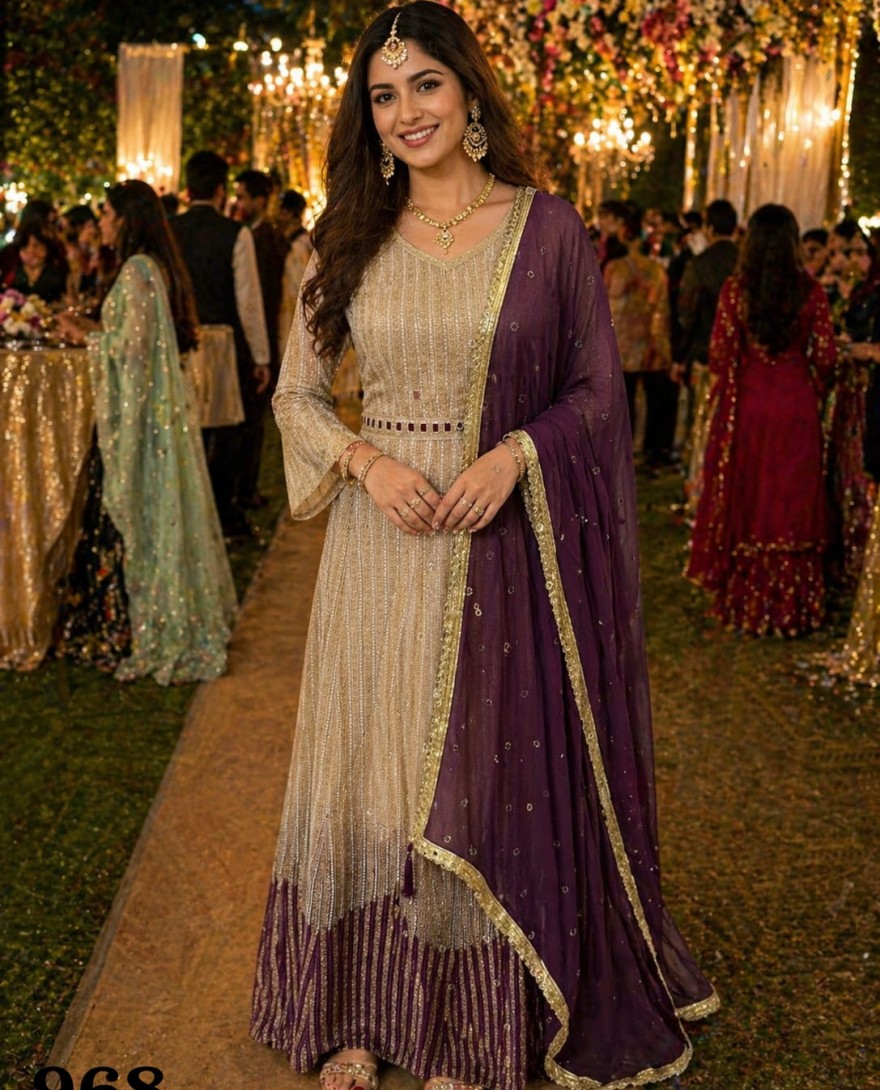 WHITE - Beige Georgette Chikankari and Embroidered Work Designer Gown