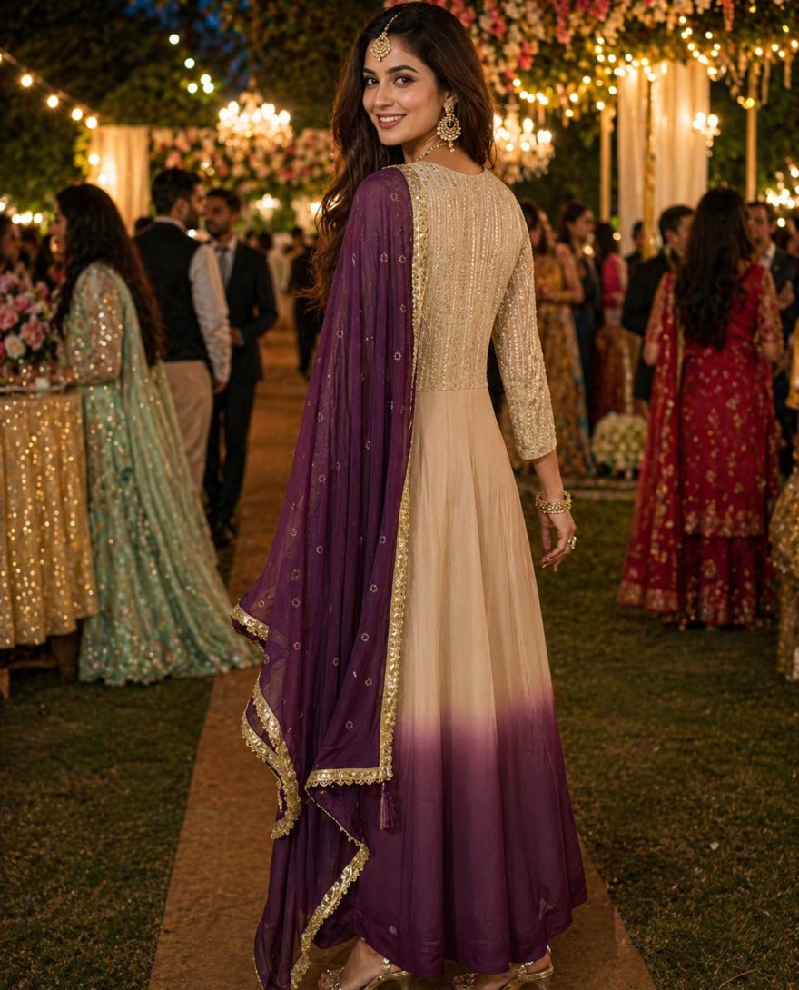WHITE - Beige Georgette Chikankari and Embroidered Work Designer Gown