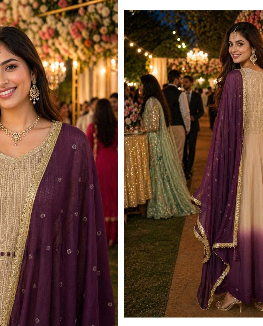 WHITE - Beige Georgette Chikankari and Embroidered Work Designer Gown