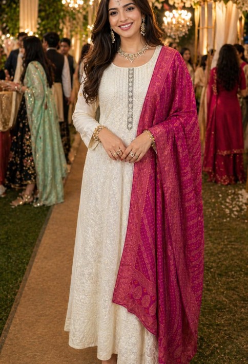 White Georgette Chikankari and Embroidered Work Gown