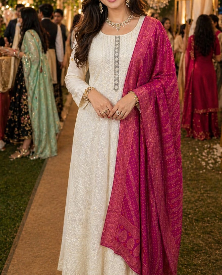WHITE - White Georgette Chikankari and Embroidered Work Gown